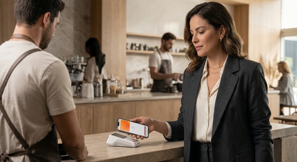Mulher de blazer pagando por aproximação com o celular em uma cafeteria.