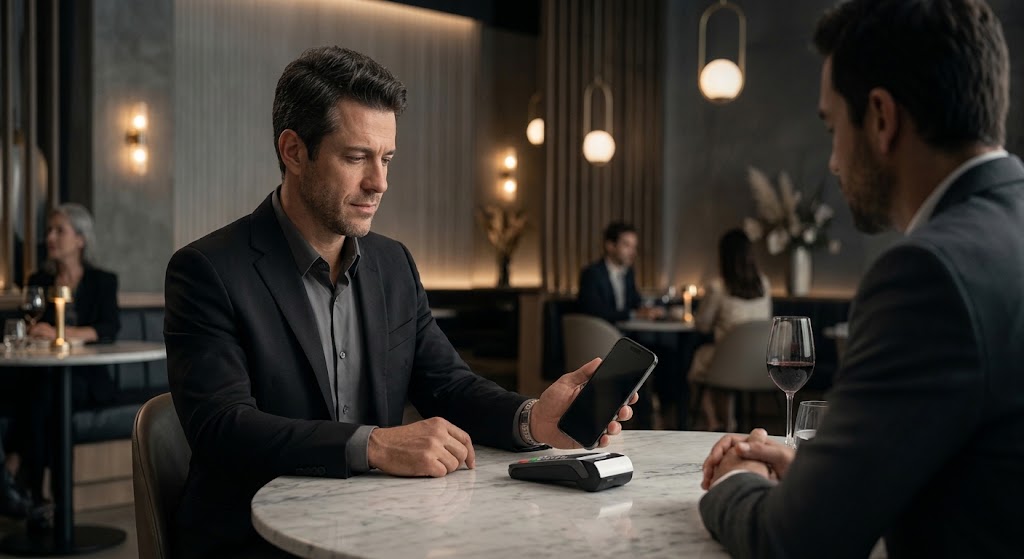 Homem de blazer pagando com o celular em uma mesa de restaurante elegante.