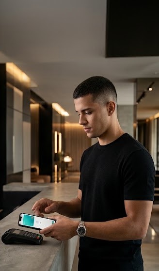 Homem de camiseta preta pagando por aproximação com o celular em um balcão.